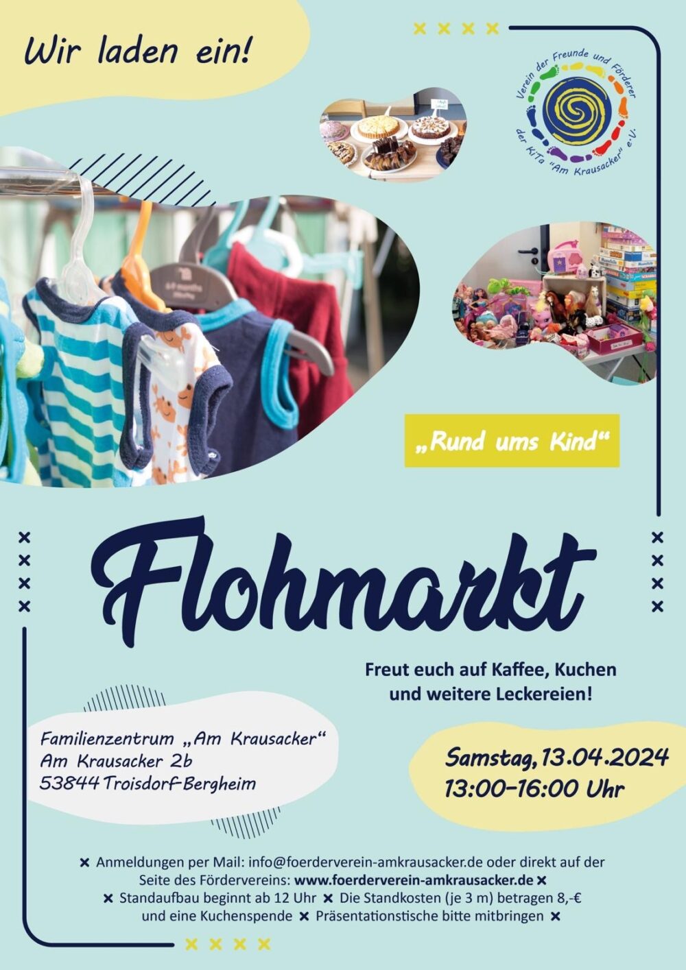 Plakat zum Flohmarkt Rund ums Kind am 13. April 2024 im Familienzentrum Am Krausacker