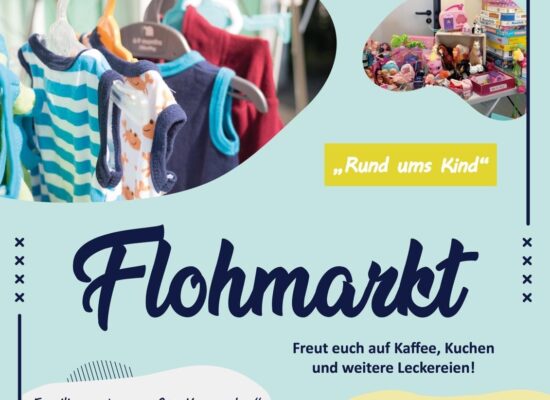 Plakat zum Flohmarkt Rund ums Kind am 13. April 2024 im Familienzentrum Am Krausacker