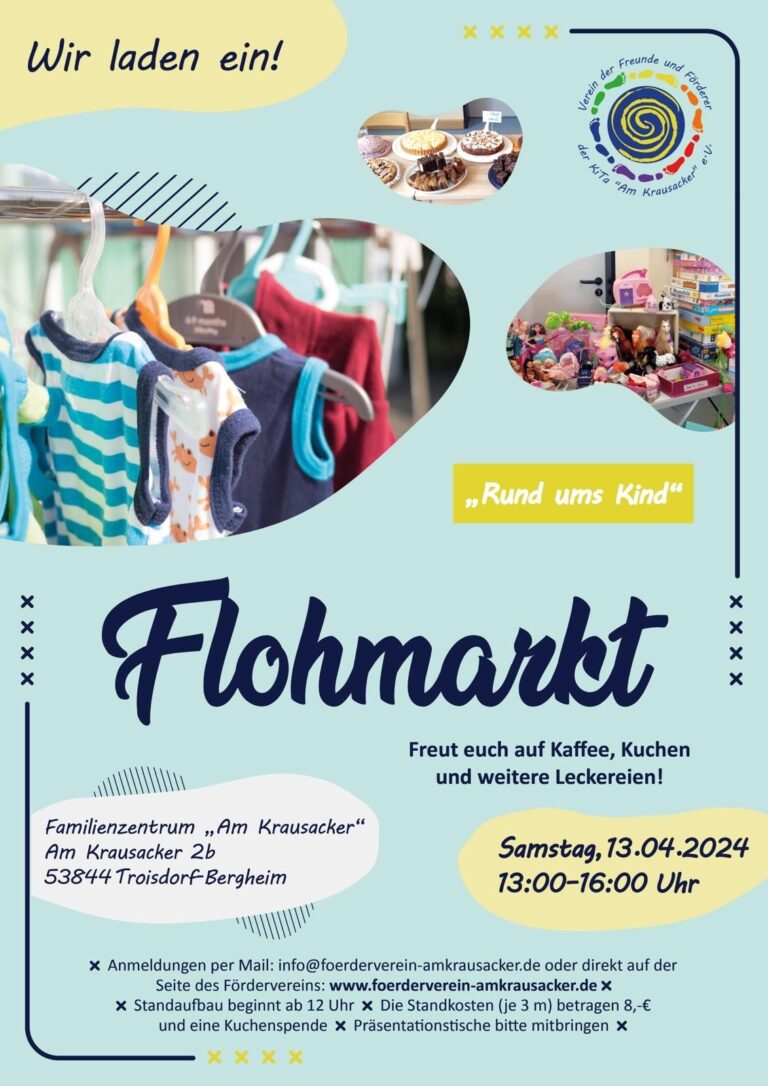 Plakat zum Flohmarkt Rund ums Kind am 13. April 2024 im Familienzentrum Am Krausacker