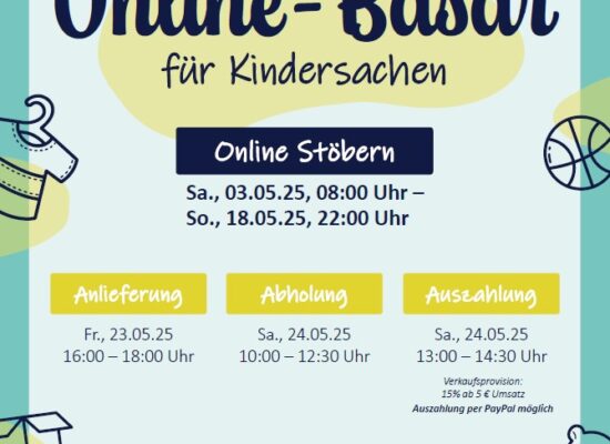 Plakat des Kibaza Online-Basars für Kindersachen mit Terminen für Stöbern, Anlieferung, Abholung und Auszahlung