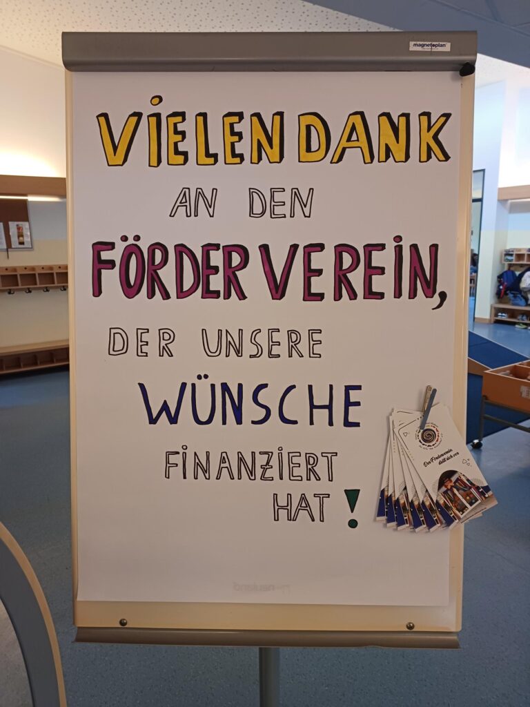 Handgemaltes Plakat: Vielen Dank an den Förderverein, der unsere Wünsche finanziert hat